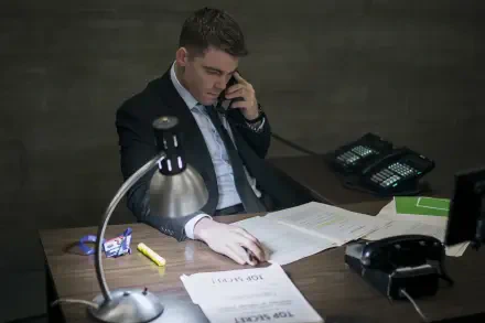 A scene from the TV show The Night Agent featuring Gabriel Basso seated at a desk, talking on the phone with documents spread out, illuminated by a desk lamp.