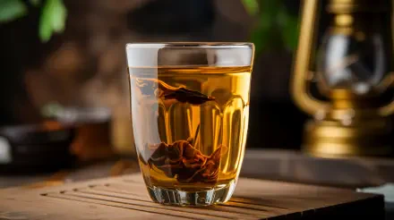 A close-up of a glass of oolong tea, showcasing its rich amber color and delicate leaves, set against a warm, inviting background. A 4K Ultra HD desktop wallpaper and background.