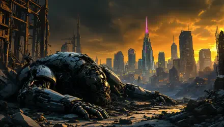 A stunning 4K Ultra HD wallpaper depicting a giant, damaged robot amidst urban ruins, with a dramatic sunset illuminating a futuristic city skyline in the background.