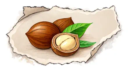 A vibrant illustration of macadamia nuts, featuring whole and cracked shells alongside green leaves, set against a textured background. 4K Ultra HD PC desktop wallpaper.