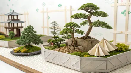 A detailed bonsai garden miniature featuring landscaped trees and a Zen garden setup with small tents, displayed as a 4K Ultra HD PC desktop wallpaper and background.