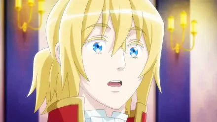 Anime-inspired HD wallpaper from I Want to Escape from Princess Lessons, featuring a surprised character with blonde hair and blue eyes, set against a softly lit background.