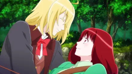 A vibrant HD anime wallpaper from I Want to Escape from Princess Lessons, featuring a blonde character gazing at a red-haired character in a lush, green forest setting.