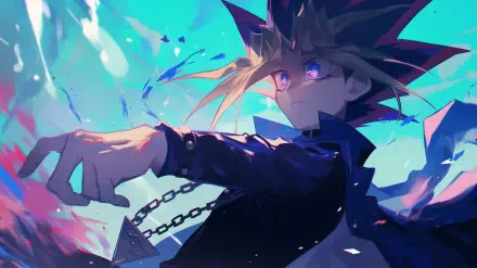 A dynamic HD wallpaper featuring Yugi Mutou from Yu-Gi-Oh!, showcasing his iconic spiky hair and intense expression against a vibrant, colorful background.