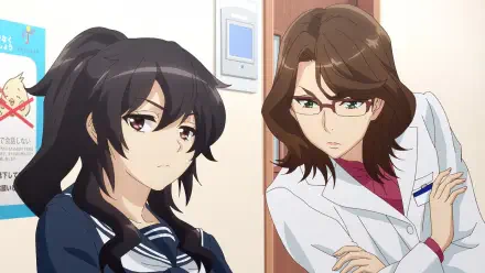 An HD wallpaper featuring characters from Ameku M.D.: Doctor Detective. Two female characters, one in a school uniform and the other in a lab coat, engage in a thoughtful exchange.