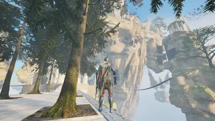 A character stands on a pathway surrounded by trees, gazing at a surreal landscape in the video game Only Up: Lizards Must Fall. An engaging HD wallpaper for PC desktops.