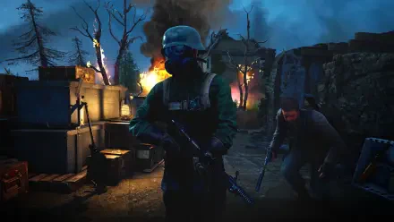 A dramatic scene from Sniper Elite: Resistance showcases armed soldiers in a tense atmosphere, surrounded by smoke and destruction, designed as a 4K Ultra HD PC desktop wallpaper.