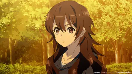 A character from the anime Ameku M.D.: Doctor Detective, Takao Ameku, stands thoughtfully outdoors with autumn foliage in the background, showcasing her expressive gaze.