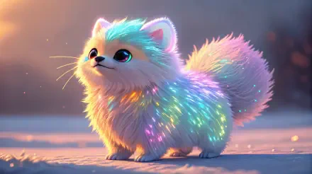A cute and fluffy pet with colorful, glowing fur stands in a soft landscape, making for a stunning 4K Ultra HD desktop wallpaper and background.