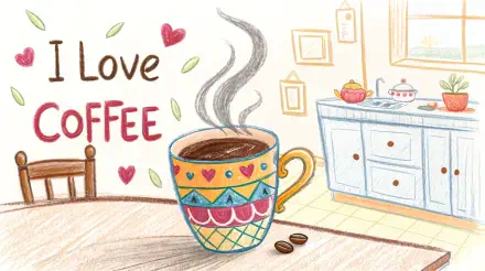 A colorful coffee cup with steam rising on a kitchen table, accompanied by I Love Coffee text and hearts, in a 4K Ultra HD PC desktop wallpaper design.