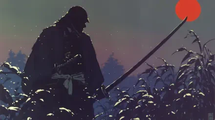 A silhouette of a samurai standing in a field, wielding a sword, set against a retro anime sunset background. This HD desktop wallpaper captures a serene yet powerful moment.
