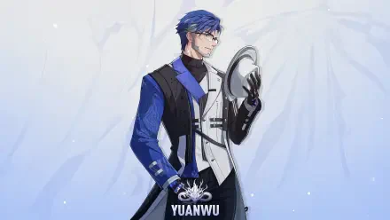 An 8K Ultra HD wallpaper featuring Yuanwu from the video game Wuthering Waves, showcasing a stylish character with blue hair and a striking outfit against a soft background.