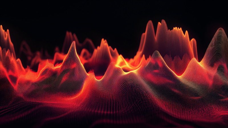 {{ A vibrant waveform in shades of red and orange against a black background, designed as a 4K Ultra HD PC desktop wallpaper and background. 