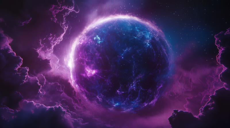 {{ A stunning sci-fi scene featuring a vibrant, swirling planet surrounded by colorful cosmic clouds, designed as a 4K Ultra HD desktop wallpaper and background. 