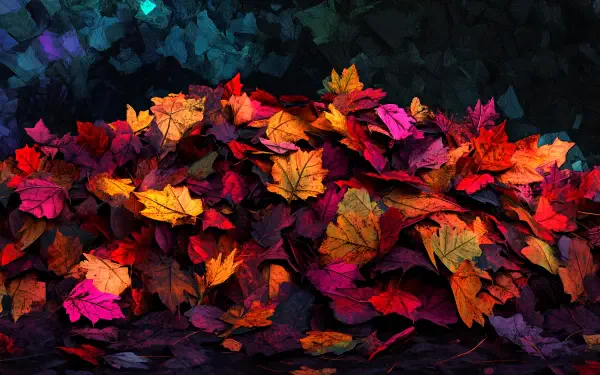 A vibrant pile of autumn leaves in shades of red, orange, and yellow set against a dark background, captured in stunning 4K Ultra HD quality for a striking desktop wallpaper.
