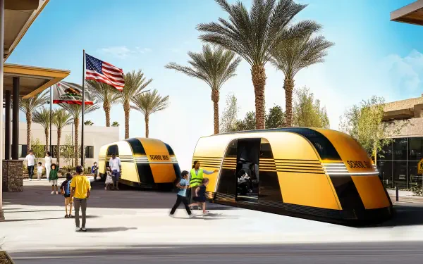 A futuristic Tesla robovan design, featuring sleek, yellow exteriors, stands alongside palm trees and flags, creating a vibrant urban scene in this stunning 4K Ultra HD wallpaper.