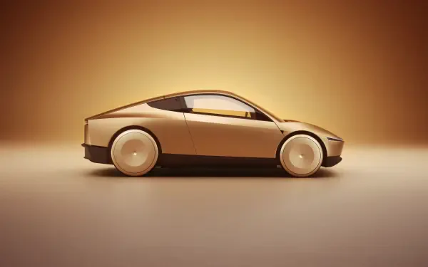 A sleek, futuristic Tesla robotaxi, designed as a Cybercab, showcased in an appealing 8K Ultra HD format against a warm background.