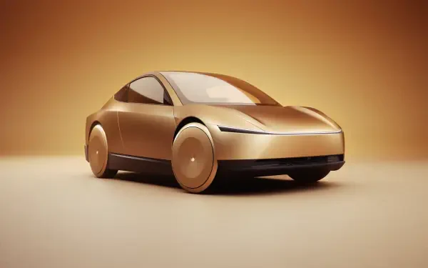 A sleek, gold Tesla Cybercab robotaxi sits against a warm background, showcasing futuristic design in an 8K Ultra HD wallpaper.