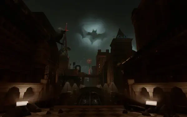 A dramatic HD wallpaper from the video game Batman: Arkham Shadow features Gotham's skyline illuminated by a shadowy bat symbol against a darkened sky.