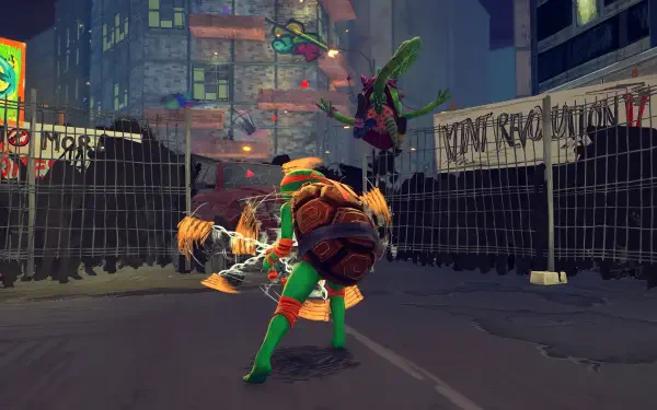A vibrant HD wallpaper featuring characters from the video game Teenage Mutant Ninja Turtles: Mutants Unleashed, showcasing an action-packed scene in a city setting.
