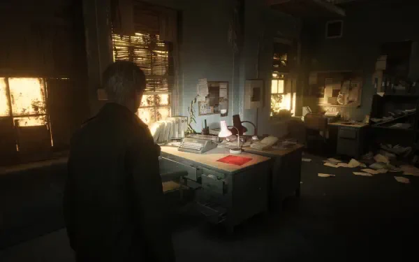 A moody, atmospheric scene from Silent Hill 2, featuring a character standing in a cluttered, dimly lit office filled with scattered papers and warm light filtering through the windows.