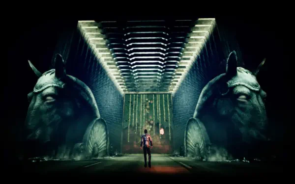 A dark and atmospheric HD wallpaper from the video game Shadow Of The Damned: Hella Remastered, featuring a lone character facing towering stone sculptures in a mysterious environment.