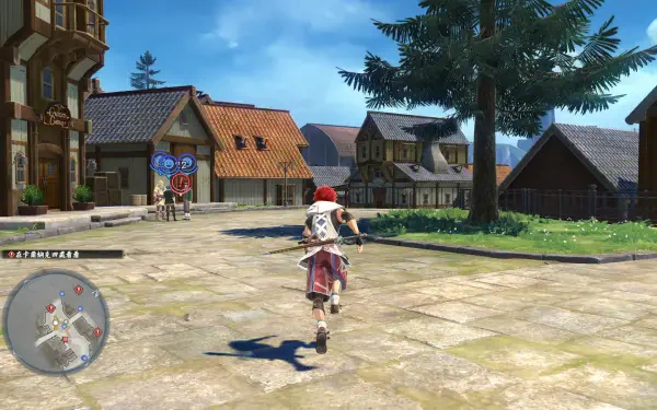 HD PC desktop wallpaper featuring a scene from the video game Ys X: Nordics, showcasing a character running through a village under a bright blue sky.