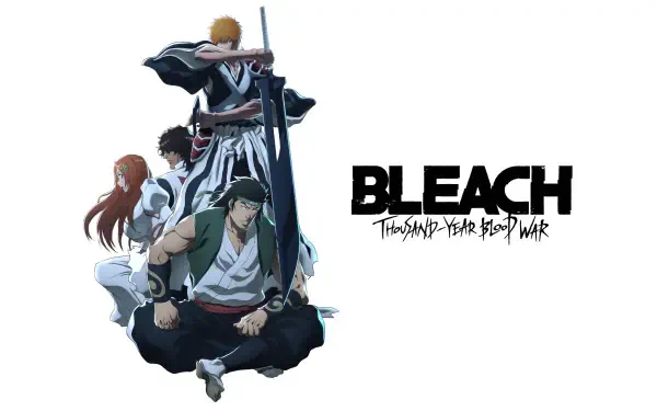 A stunning 4K Ultra HD wallpaper featuring Ichigo Kurosaki and characters from Bleach: Thousand-Year Blood War, showcasing action and dynamic poses with a bold title.