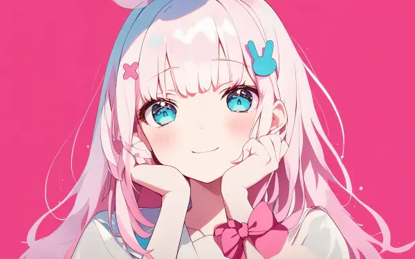 4K Ultra HD anime wallpaper featuring a kawaii anime girl with pink hair and bright blue eyes, resting her face in her hands against a vibrant pink background.