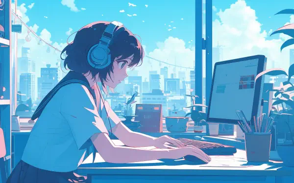 Anime lofi girl computer headphones anime girl HD Desktop Wallpaper | Background Image