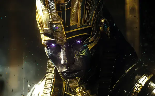 A striking 4K Ultra HD image of an Egyptian Pharaoh, featuring intricate gold detailing and glowing purple eyes, capturing a blend of ancient mystique and modern artistry.