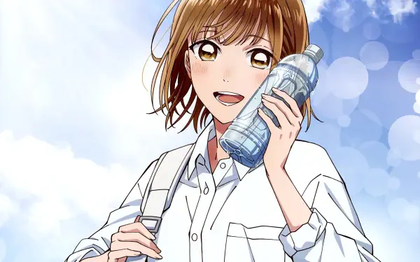Anime-style 4K Ultra HD wallpaper featuring Chinatsu Kano from Blue Box smiling against a bright sky, holding a water bottle and wearing a white shirt with backpack straps.