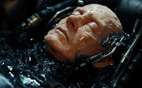 A sci-fi scene depicting a god emperor in a state of decline, surrounded by machinery. The detailed 4K Ultra HD image captures a striking blend of the organic and synthetic.