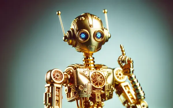 A detailed and vibrant 4K Ultra HD PC desktop wallpaper featuring a robotic figure with golden accents and blue glowing eyes, striking a playful pose against a gradient background.