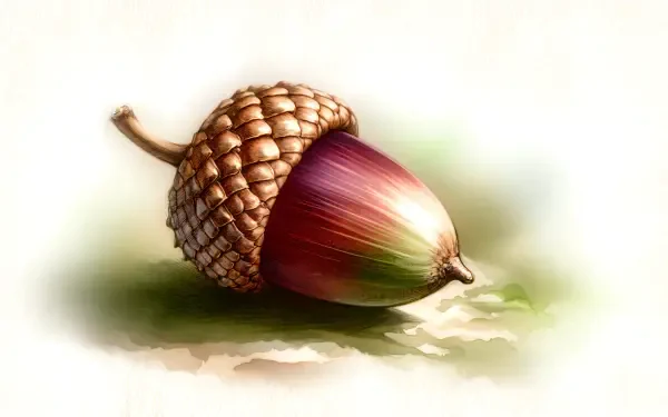 A vibrant acorn rests on a softly blurred background, captured in rich detail, showcasing its glossy texture and intricate cap. This image serves as a stunning 4K Ultra HD desktop wallpaper.
