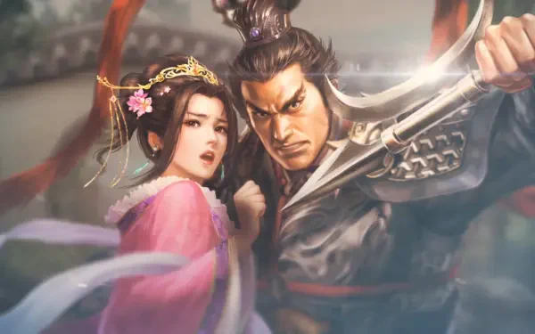 An HD wallpaper featuring characters from the video game Romance of the Three Kingdoms 8 (Remake), showcasing a dramatic scene with a warrior and a woman in traditional attire.