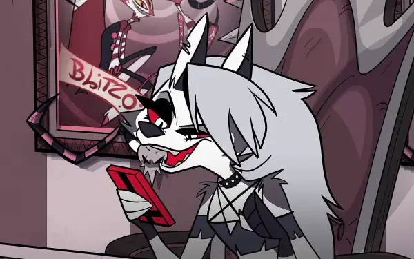 Loona from Helluva Boss is seen in this HD desktop wallpaper, animatedly holding a device, with a playful expression against a backdrop featuring other characters.