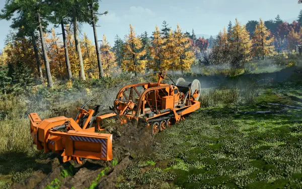 A vibrant HD wallpaper featuring a large orange road construction vehicle working on terrain, surrounded by trees and autumn foliage, inspired by the video game RoadCraft.