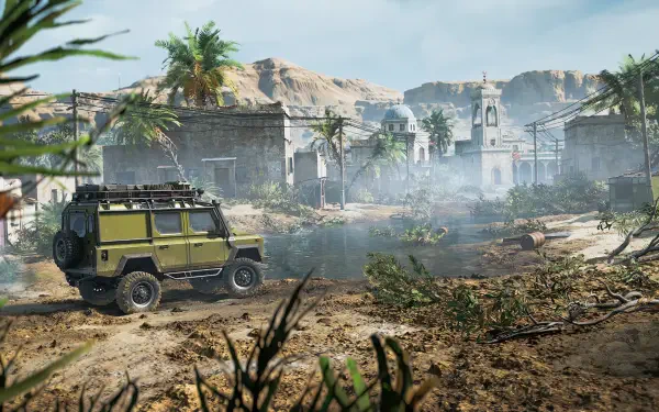 A rugged green off-road vehicle drives through a lush, misty landscape surrounded by palm trees and weathered buildings, capturing the adventurous spirit of RoadCraft in this HD wallpaper.