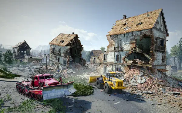 A detailed HD wallpaper from the video game RoadCraft, featuring demolished buildings and construction vehicles amidst a desolate landscape.