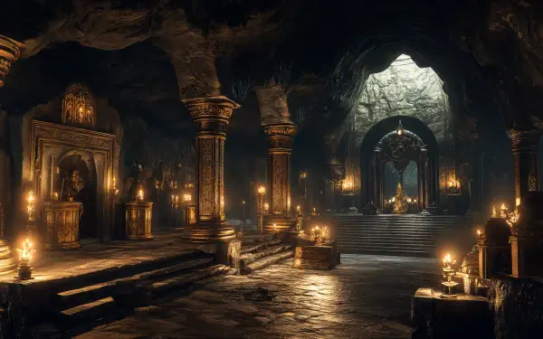 A stunning 4K Ultra HD depiction of a dwarven underground city, featuring ornate pillars, flickering candles, and a grand throne, illuminated by light streaming through rocky formations.