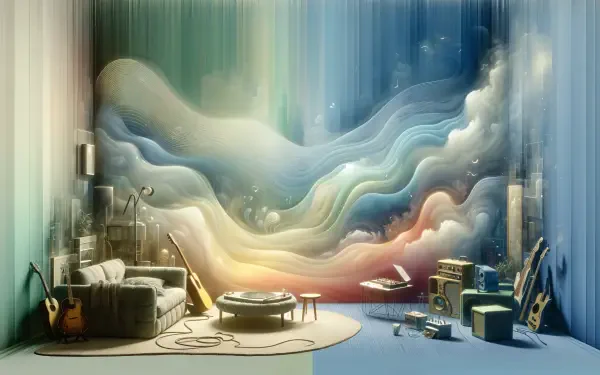 A serene, modern room with a cozy sofa, instruments, and abstract, colorful waves in the background, embodying a chill lofi vibe. A visually striking 4K Ultra HD desktop wallpaper.