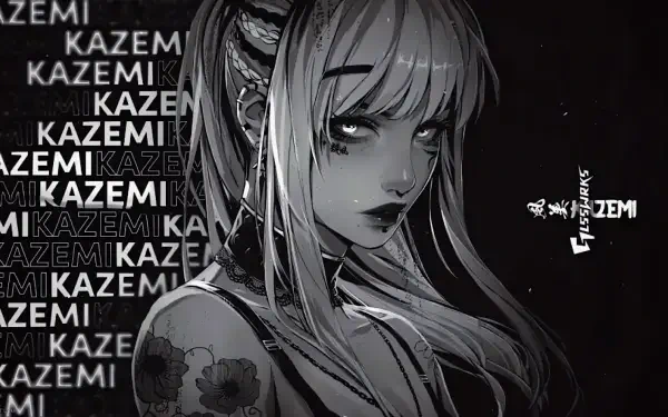 HD PC desktop wallpaper: monochrome anime-style girl with long hair, teary eyes and floral tattoo, repeated KAZEMI text in the background, high-contrast noir aesthetic.