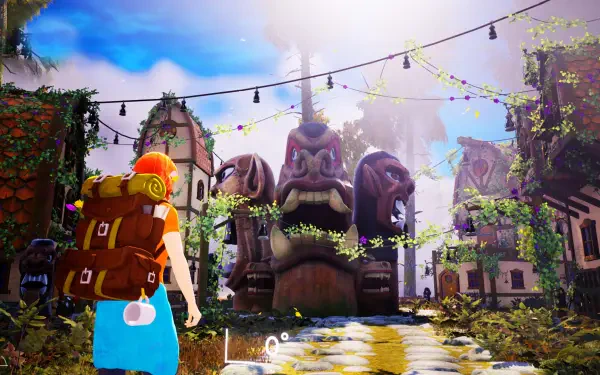 A character exploring a vibrant village adorned with mystical totems and greenery, set in a colorful landscape from the video game Albatroz. HD PC desktop wallpaper.