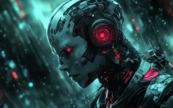 A striking Sci-Fi depiction of a robot amidst a vibrant, futuristic background, highlighting themes of AI uprising with intricate details and glowing elements in 4K Ultra HD.
