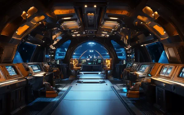 A sci-fi starship bridge featuring advanced control panels and ambient lighting, captured in stunning 4K Ultra HD, creates an immersive futuristic atmosphere.