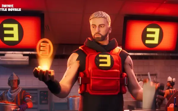 HD Fortnite PC wallpaper featuring a character inspired by Eminem, holding a glowing emblem with bold red and black tones in a dynamic gaming environment.