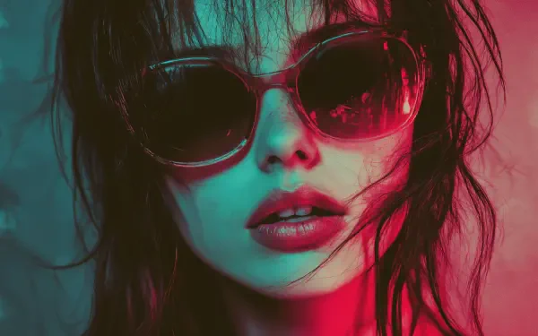 Aesthetic 4K Ultra HD wallpaper featuring a woman with soft grunge style, wearing sunglasses, and styled hair, illuminated by vibrant red and teal hues.