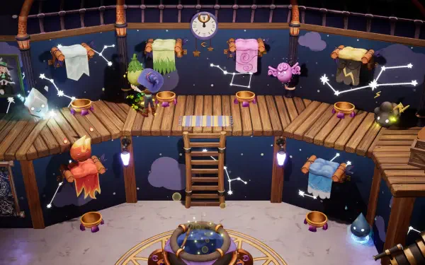 A whimsical scene from the video game Magical Bakery, featuring a colorful magical kitchen with floating fabrics, mystical creatures, and enchanting decor, set against a starry backdrop.