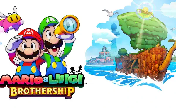 A vibrant HD wallpaper featuring characters from Mario & Luigi: Brotherhood, showcasing Mario and Luigi exploring a colorful island landscape.